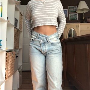 Grey and white stripe long sleeve crop top